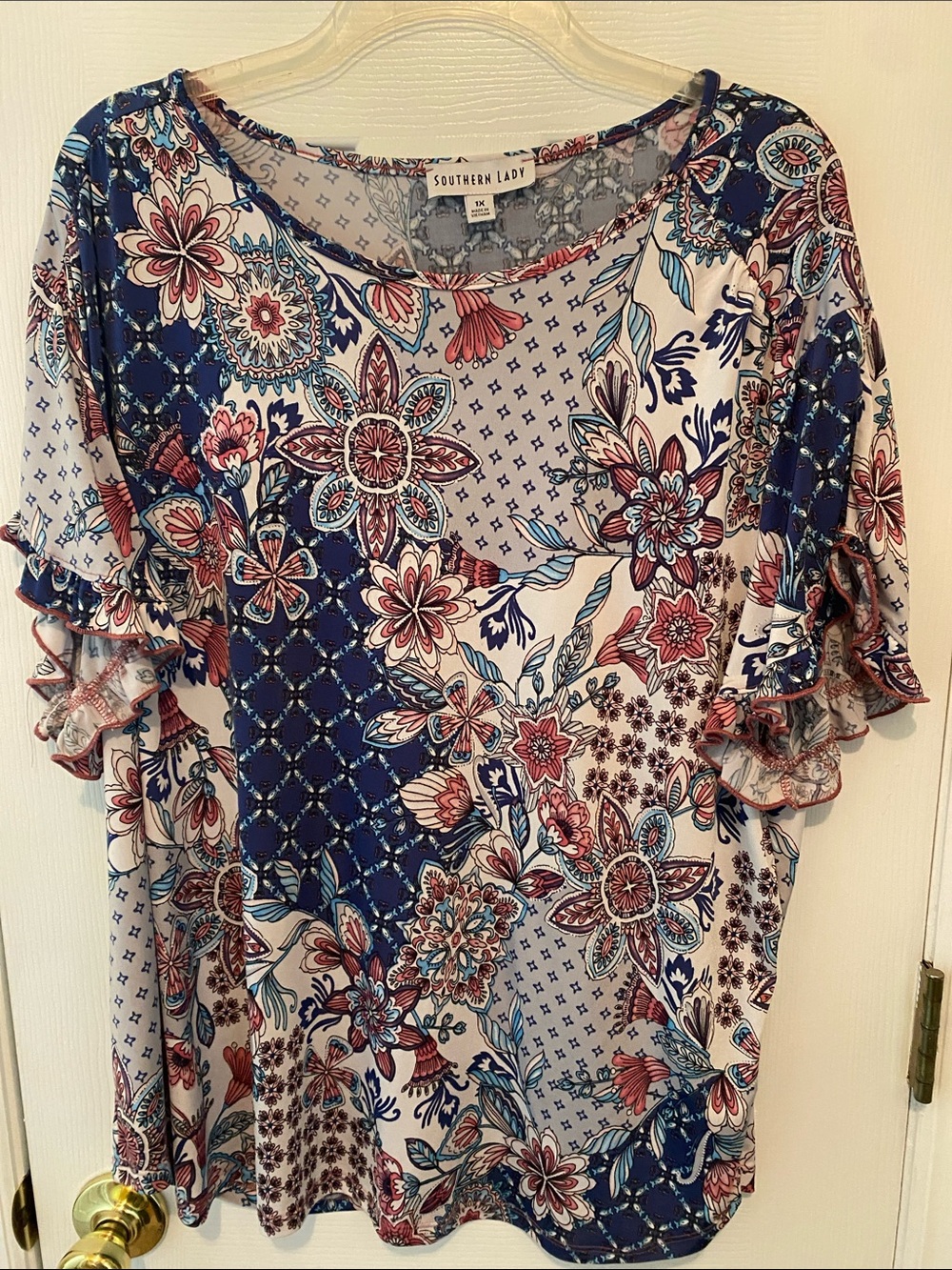 Southern Lady Blue & Pink Floral Ruffle Sleeve Blouse